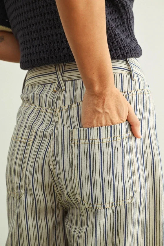 Stripe print pocket front pants in beige navy stripes