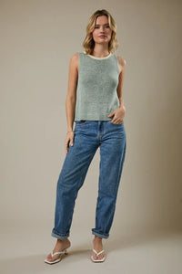 Light green round neck sleeveless knit tank top with ribbed trim