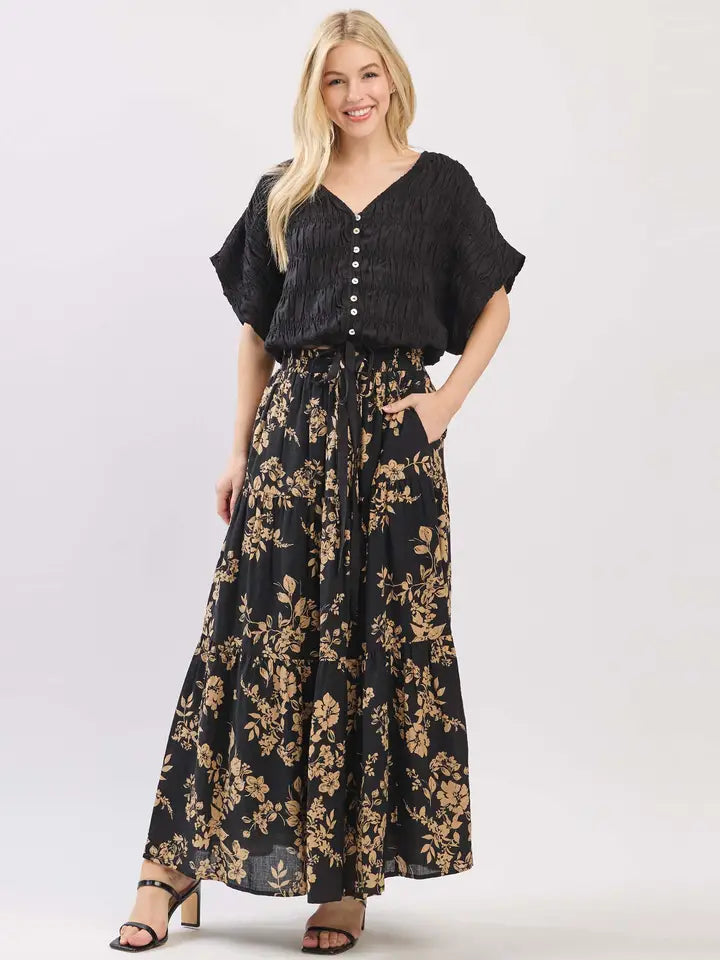 DRAWSTRING TIERED MIDI SKIRT