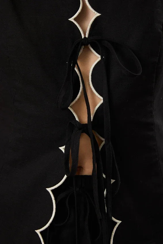 Black velvet sleeveless scallop edge V-neck top with lace trim