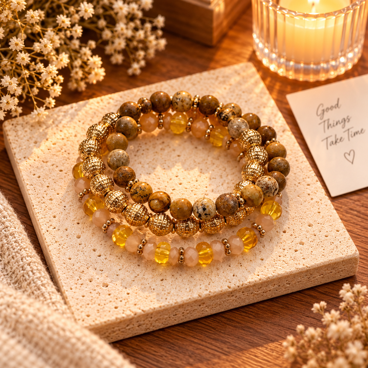 MIX OF JASPER AND GOLD STRETCH BRACELET