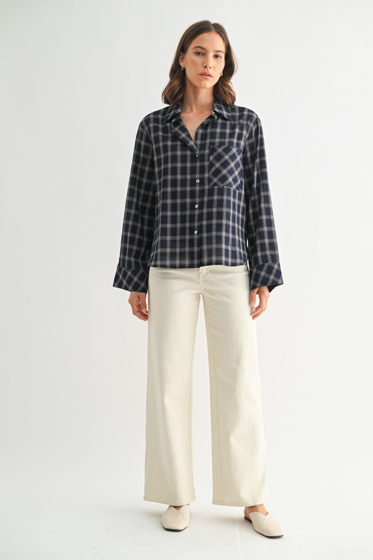 PLAID BUTTON DOWN WIDE SLEEVE SHIRTS