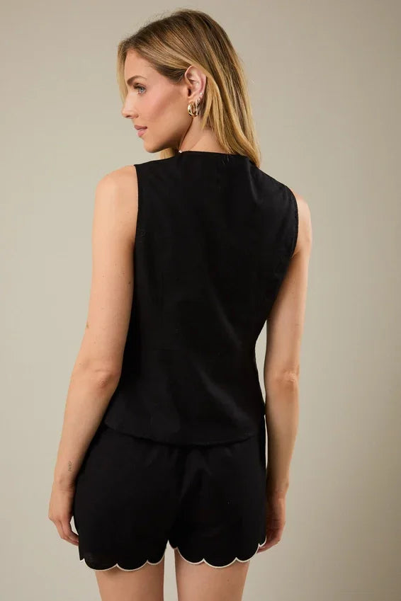Black sleeveless scallop edge V-neck top with matching shorts