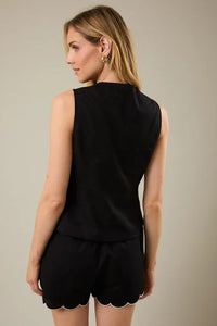 Black sleeveless scallop edge V-neck top with matching shorts