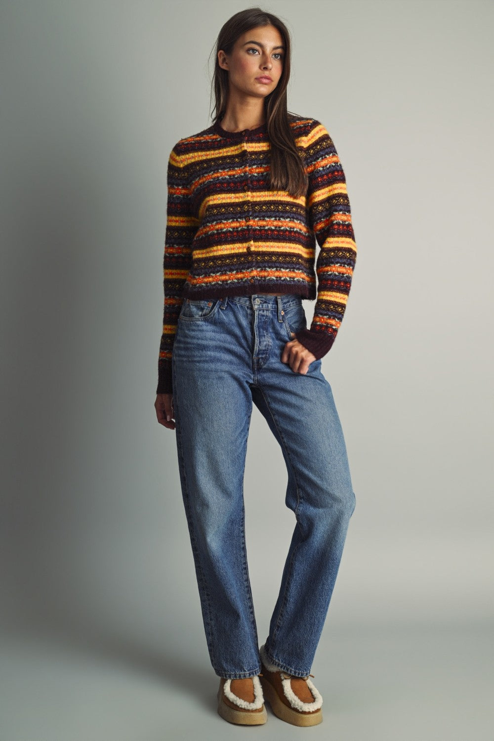 SOFT ROUND NECK FAIR ISLE PATTERN CROPPED SWEATER