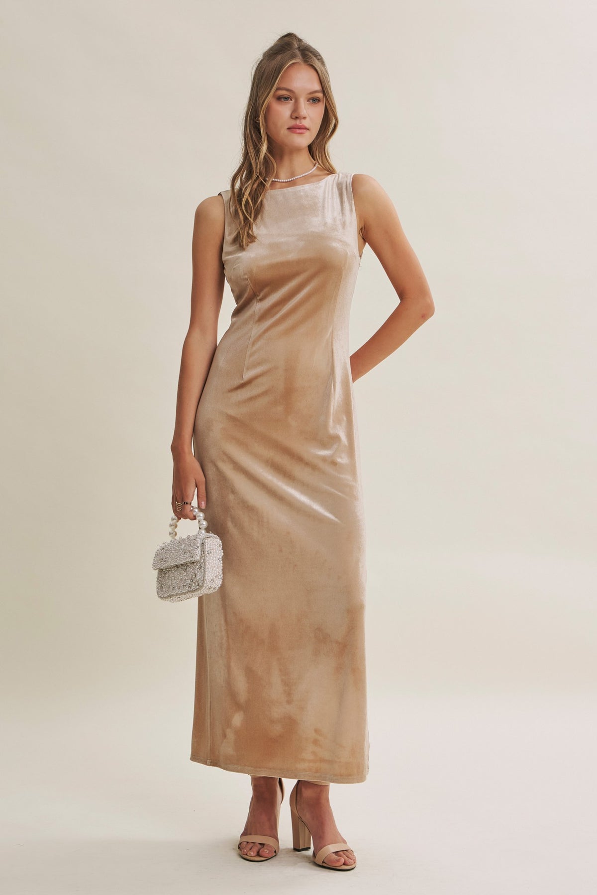 VELVET AFTER DARK DEEP V BACK BODYCON MAXI DRESS WITH SLIT