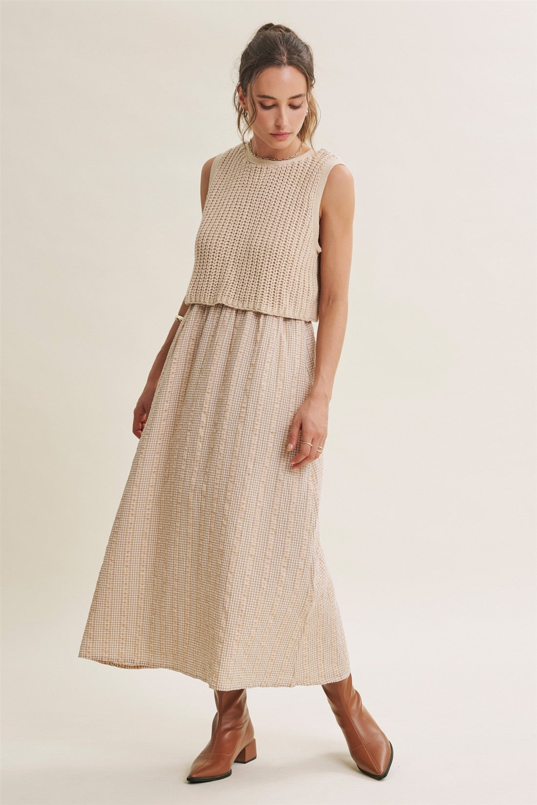 CHUNKY SWEATER GINGHAM STRIPE MIXED MEDIA MIDI DRESS