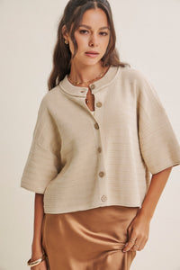 SUNLIT TERRACE COTTON TEXTURED STRIPE HALF SLEEVE SWEATER