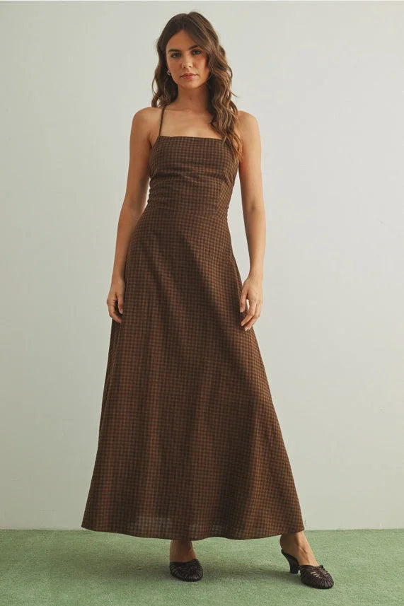 Gingham pattern open back brown checkered maxi dress