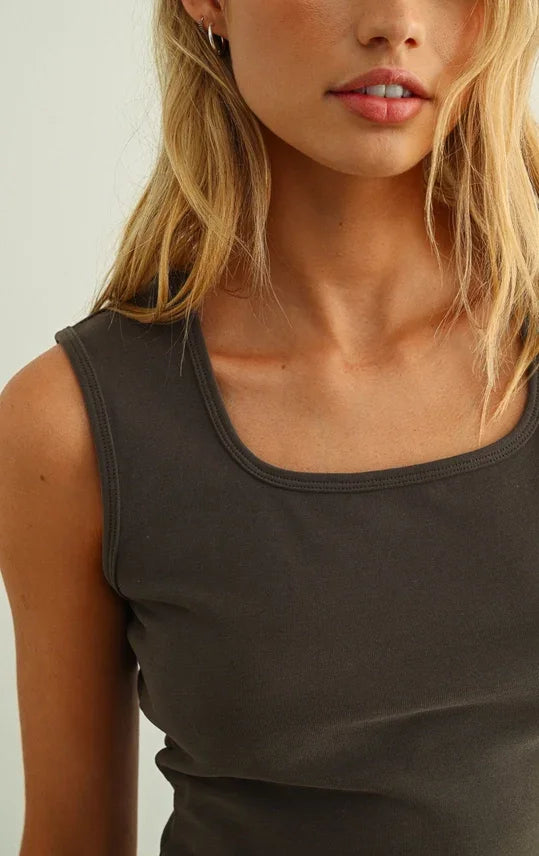 Square neck sleeveless basic top in sleek dark gray stretch fabric