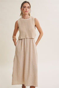 CHUNKY SWEATER GINGHAM STRIPE MIXED MEDIA MIDI DRESS