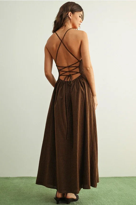 Gingham pattern open back maxi dress with brown checkered crisscross lace-up