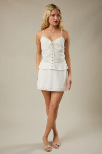 White embroidered V-neck corset mini dress, womens boho clothes at Shop Daisy