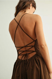 Gingham pattern open back maxi dress with brown plaid crisscross lace-up