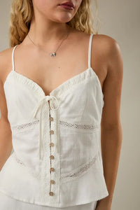 White lace-trimmed V-neck tie detail top in womens boho clothes