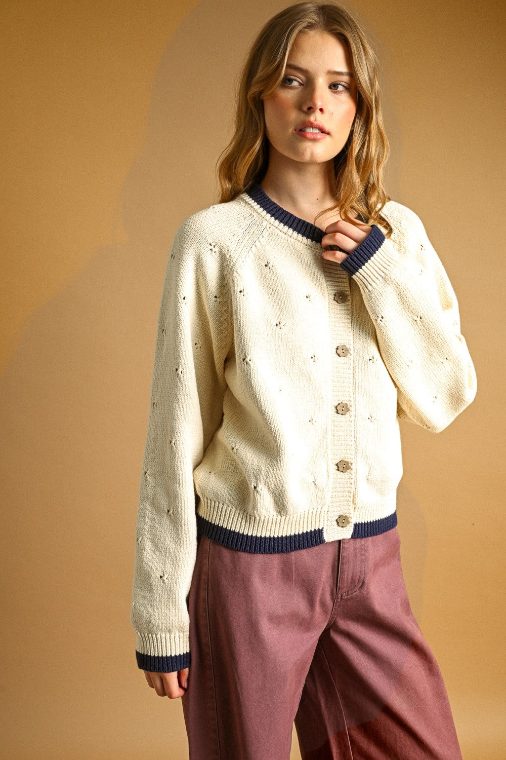 POINTELLE EFFECT KNIT CARDIGAN