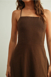 Gingham pattern open back maxi dress in brown black checkered fabric