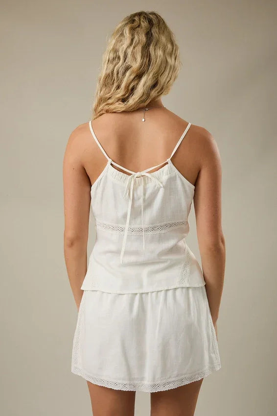 White cotton V-neck camisole top with lace trim, women’s boho chic clothing