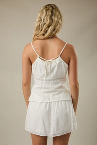 White cotton V-neck camisole top with lace trim, women’s boho chic clothing