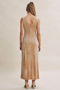 VELVET AFTER DARK DEEP V BACK BODYCON MAXI DRESS WITH SLIT