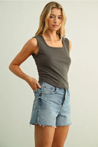 Square neck sleeveless basic top in soft olive green