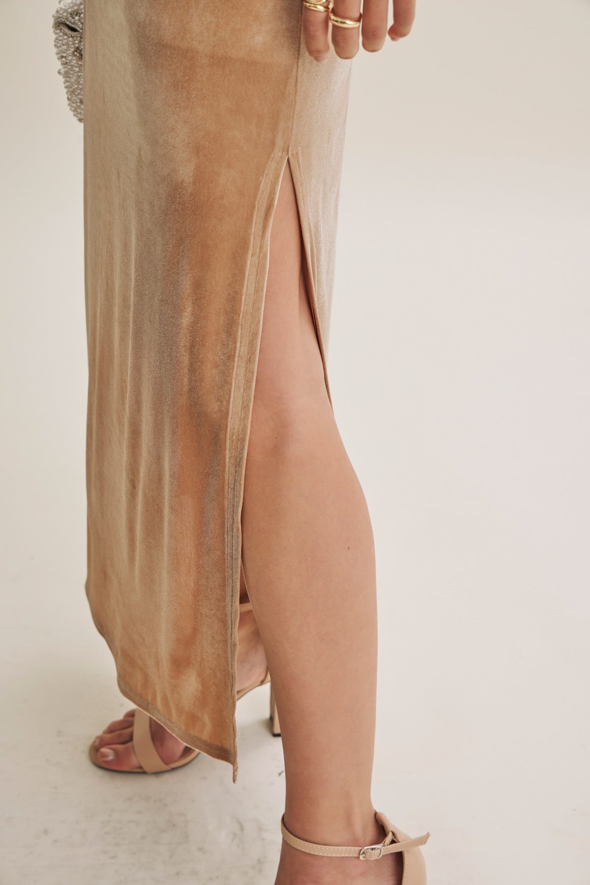 VELVET AFTER DARK DEEP V BACK BODYCON MAXI DRESS WITH SLIT