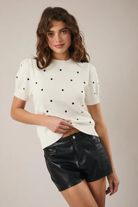 Puff short sleeve polka dot sweater with white knit puffed sleeves