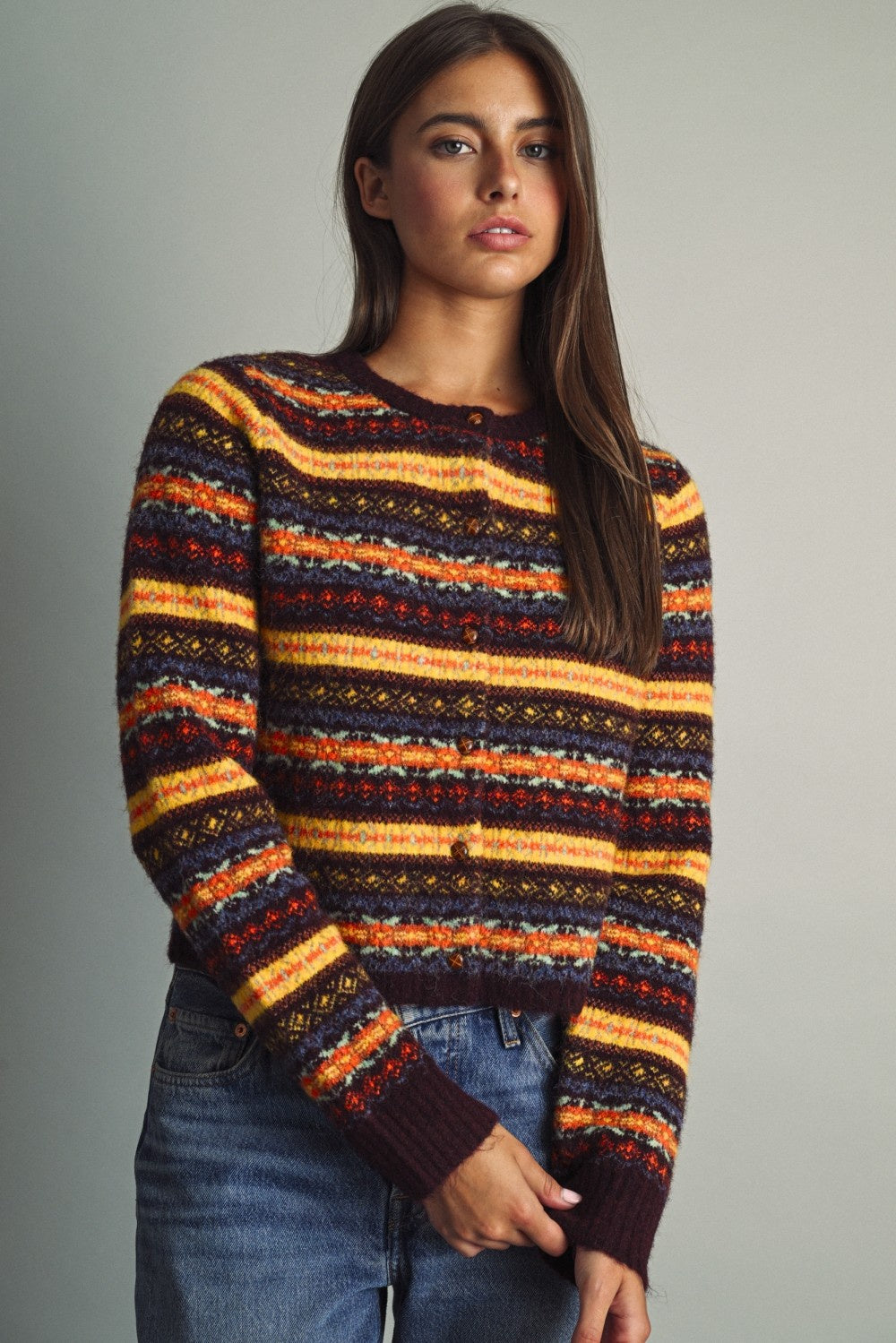 SOFT ROUND NECK FAIR ISLE PATTERN CROPPED SWEATER