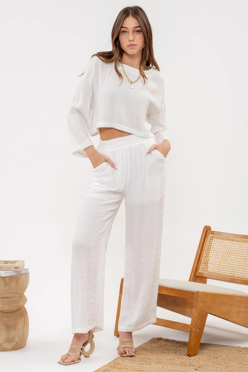 RELAXED 3/4 SLEEVE CROP TOP AND HIGH RISE PANTS