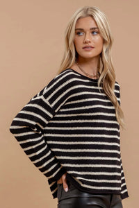 STRIPE BOAT NECK DROP SHOULDER KNIT SWEATER