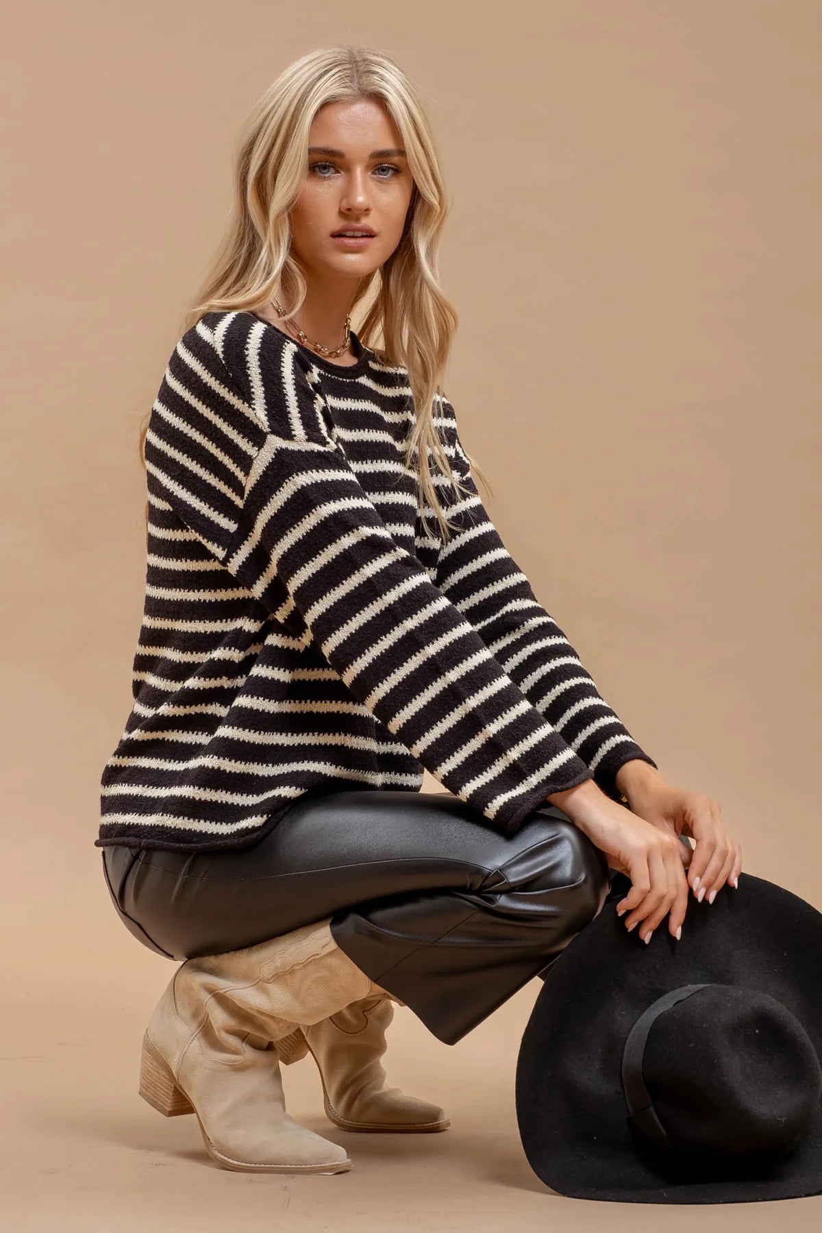 STRIPE BOAT NECK DROP SHOULDER KNIT SWEATER