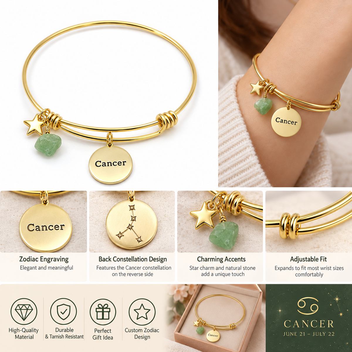 20 KARAT GOLD PLATED ADJUSTABLE ZODIAC BRACELET