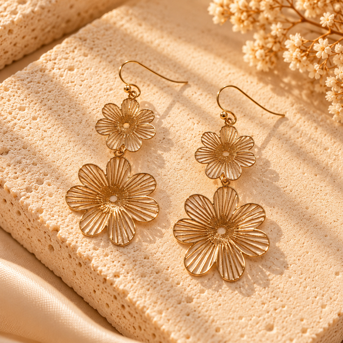 DOUBLE FLOWER FILIGREE DANGLE EARRINGS