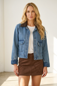 WASHED SNAP CLOSURE CROP DENIM JACKET