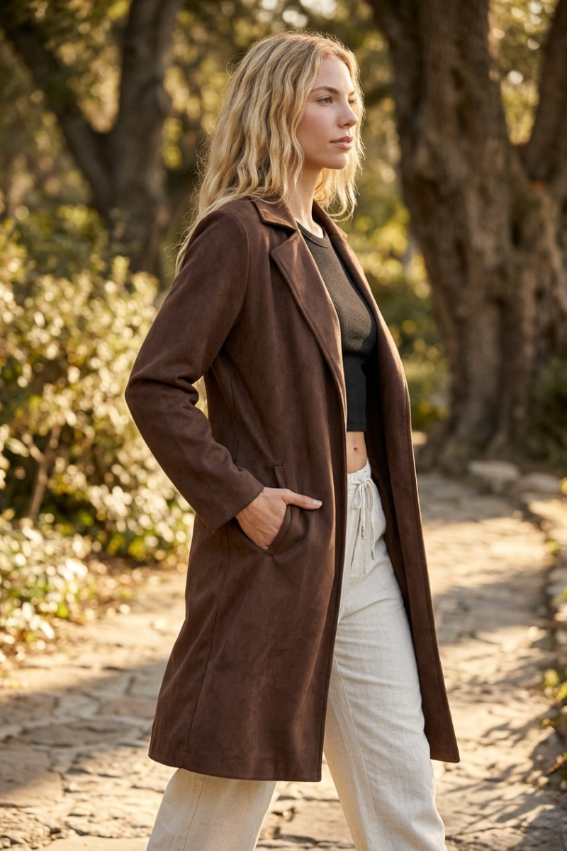 SUDED OPEN FRONT DUSTER COAT