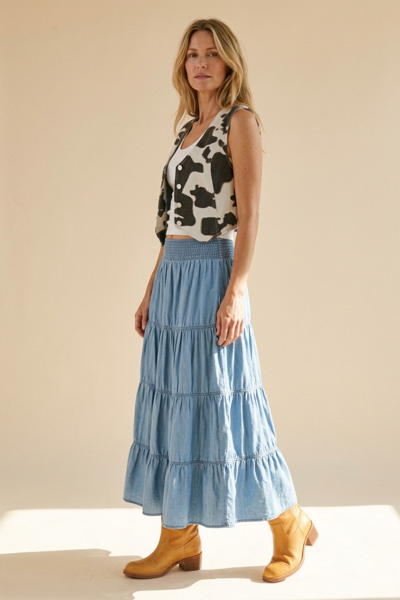 ELASTIC TIERED MIDI DENIM SKIRT