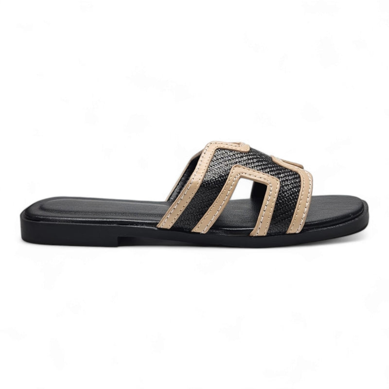 KANSAS H BAND FAUX RAFFIA SLIDE SANDALS