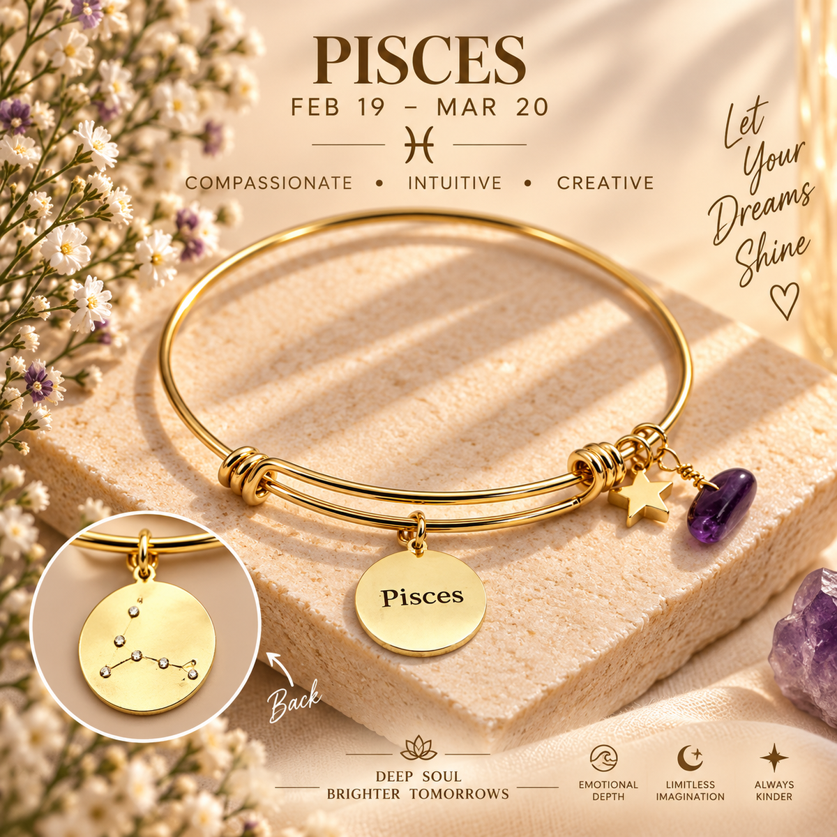 20 KARAT GOLD PLATED ADJUSTABLE ZODIAC BRACELET