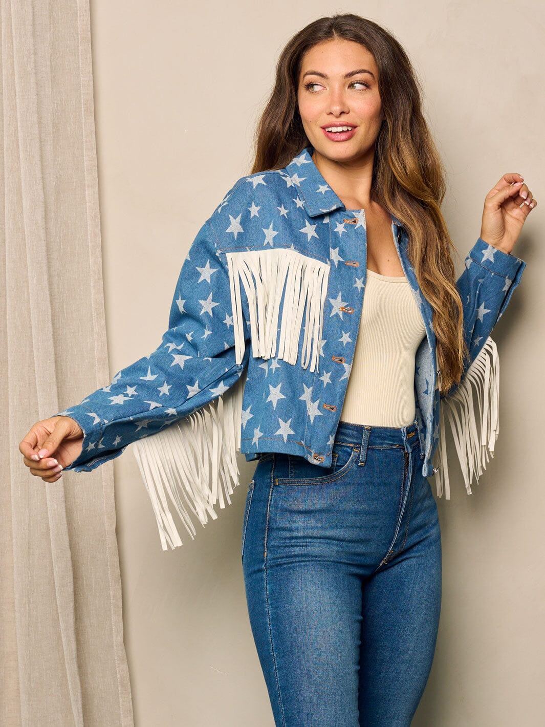 LONG SLEEVE BUTTON UP STARS PRINT DENIM JACKET