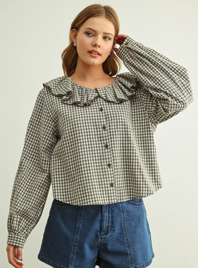 MINI GINGHAM RUFFLED COLLAR BLOUSE