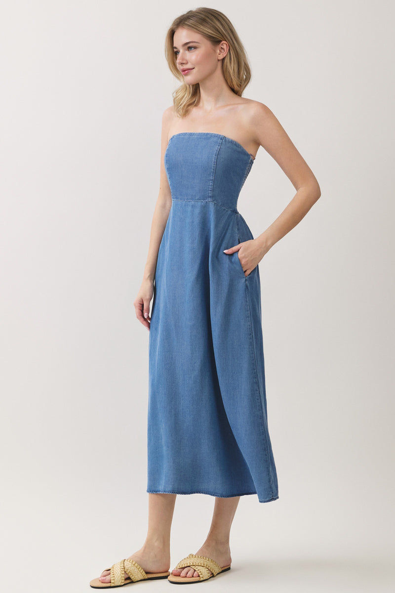 BACK SMOCKED TUBE TOP TENCEL DENIM MIDI DRESS