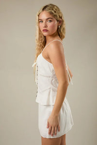 White lace-trimmed sleeveless V-neck top with tie-back straps, womens boho clothes