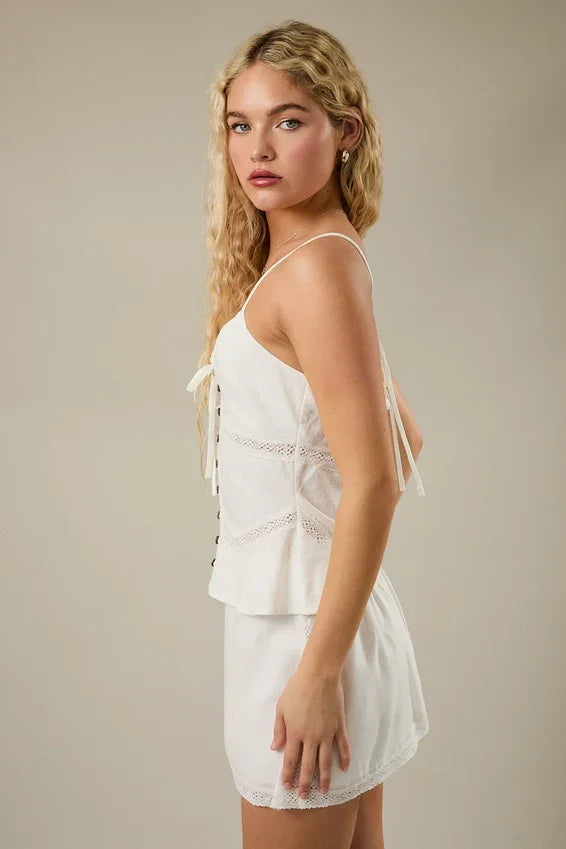 White lace-trimmed sleeveless V-neck top with tie-back straps, womens boho clothes