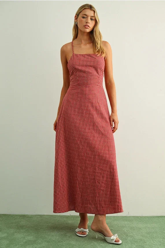 Gingham pattern open back maxi dress red white thin straps square neckline