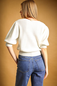 V-NECK WITH SHORT PUFF SLEEVE KNIT SWEATER