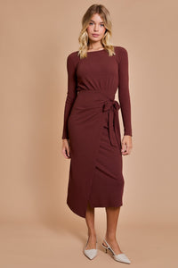 FRONT WRAP TIE LONG SLEEVE MIDI DRESS