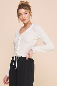 CRINKLED WOVEN LONG SLEEVE LACE UP TOP