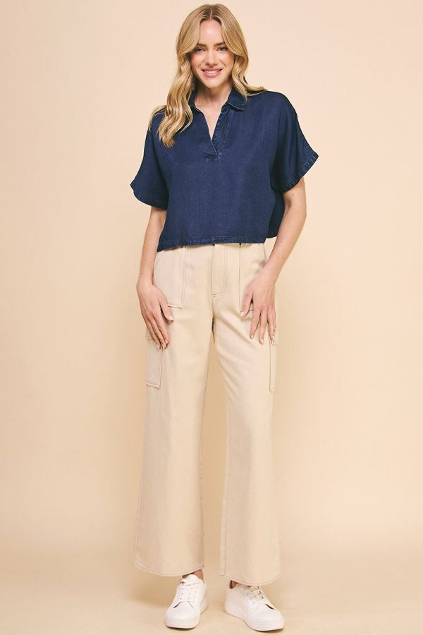 WASHED CHAMBRAY COLLARED RELAXED CROP TOP