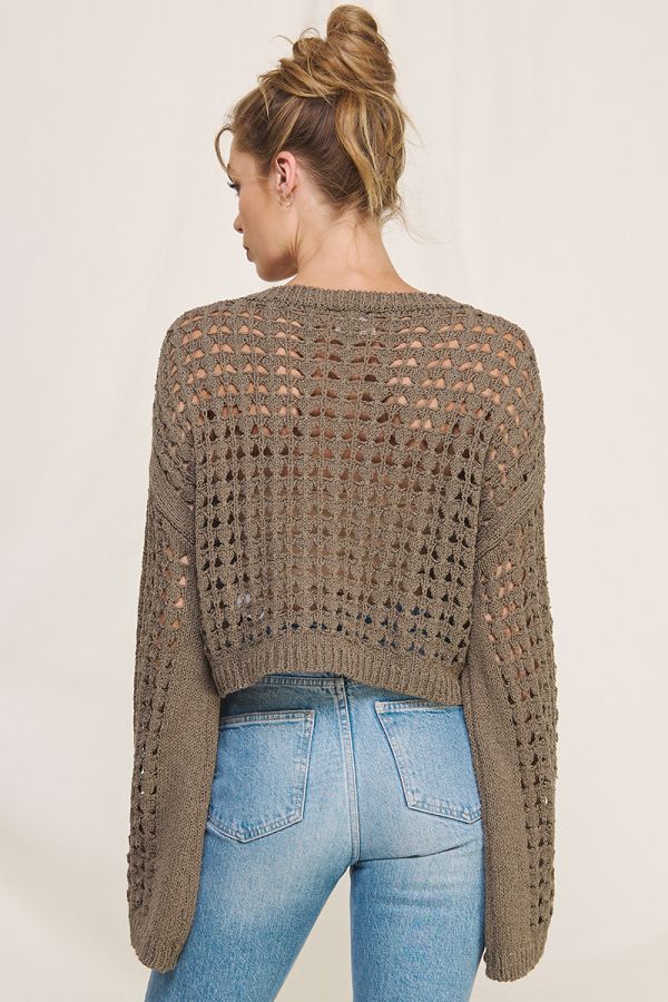 LONG FLARED SLEEVE OPEN WEAVE SWEATER