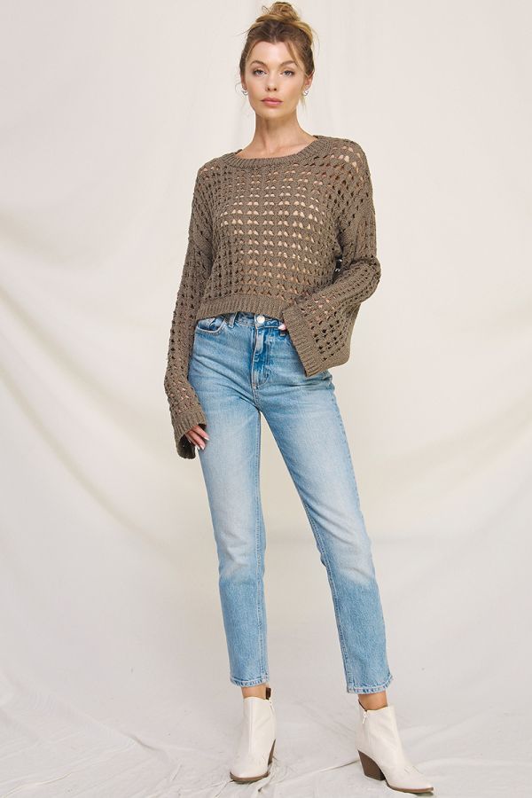 LONG FLARED SLEEVE OPEN WEAVE SWEATER